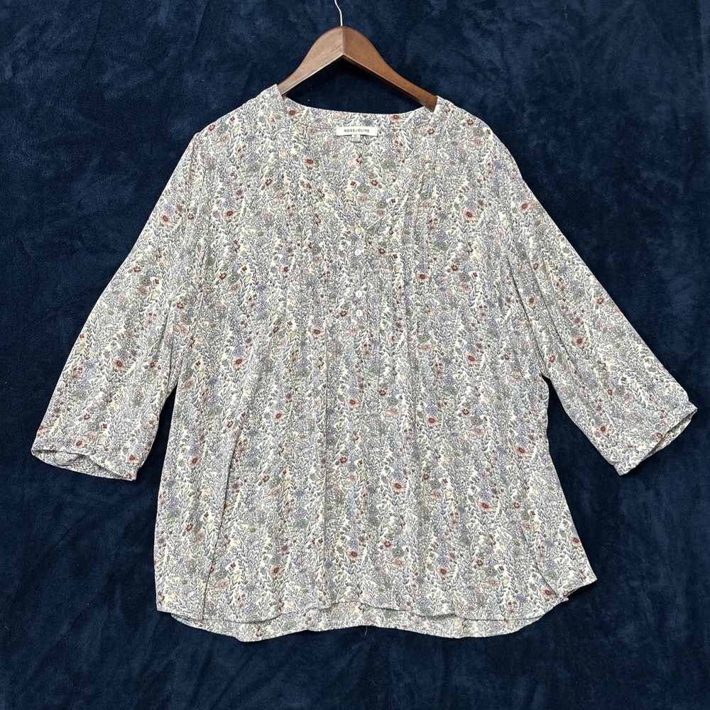 Rose + Olive Womens Henley Button Top Size 2X Micro Flower Print Office‎ Wear